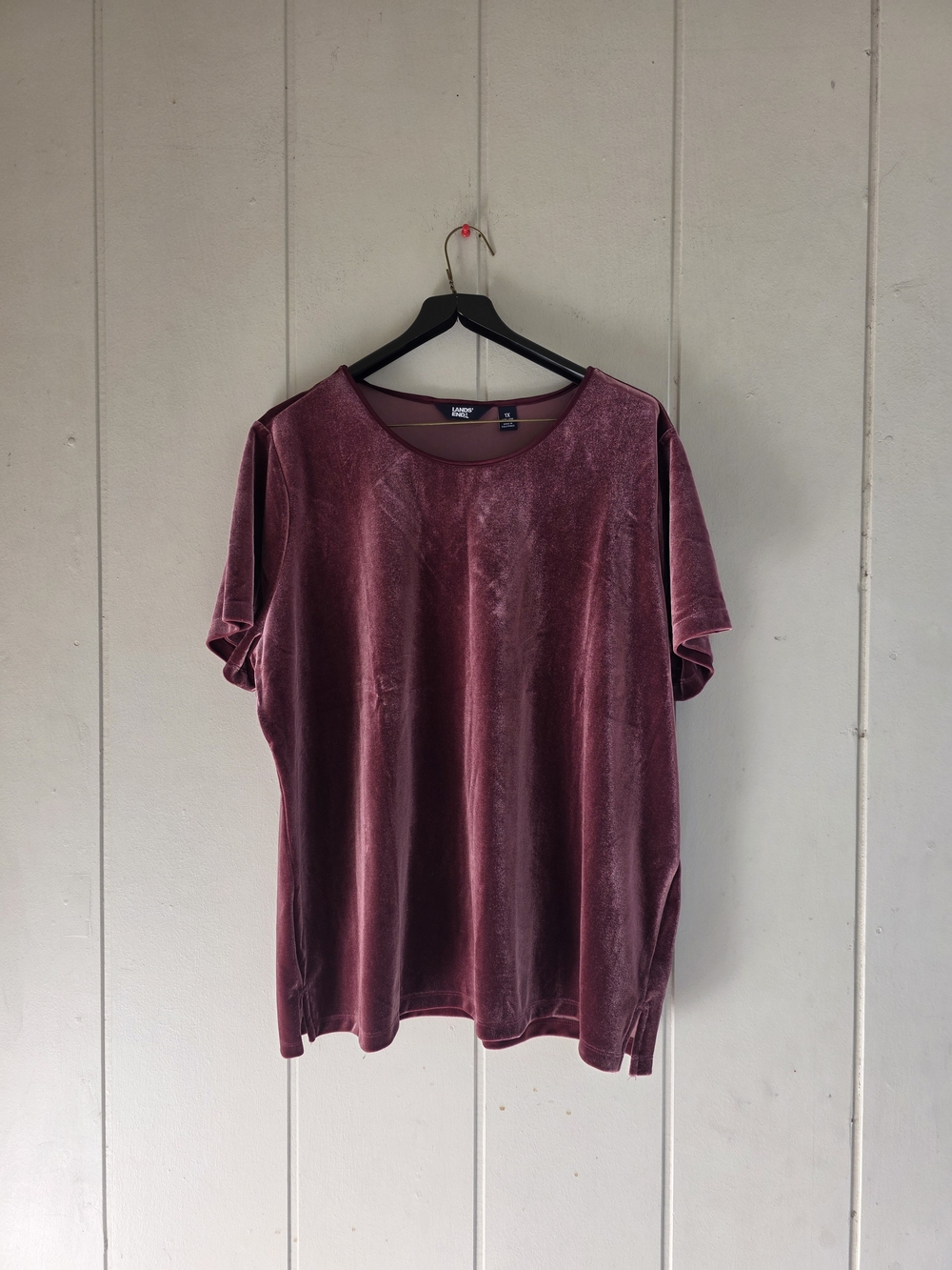 Lands End Velvet Short Sleeve Top Burgundy Berry Crewneck Velor Tee Blouse 1X
